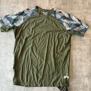 Olive Green Swim Shirt with Leaf Print short sleeve rash guard plus size XXXL